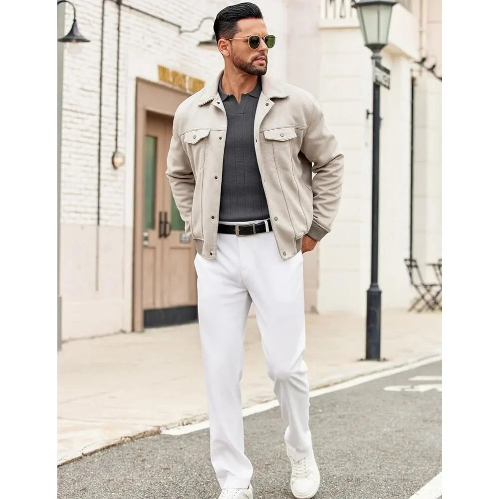 Coofandy Men Grey Polo Long Sleeve V Neck Knit Lightweight Pullover Sweater